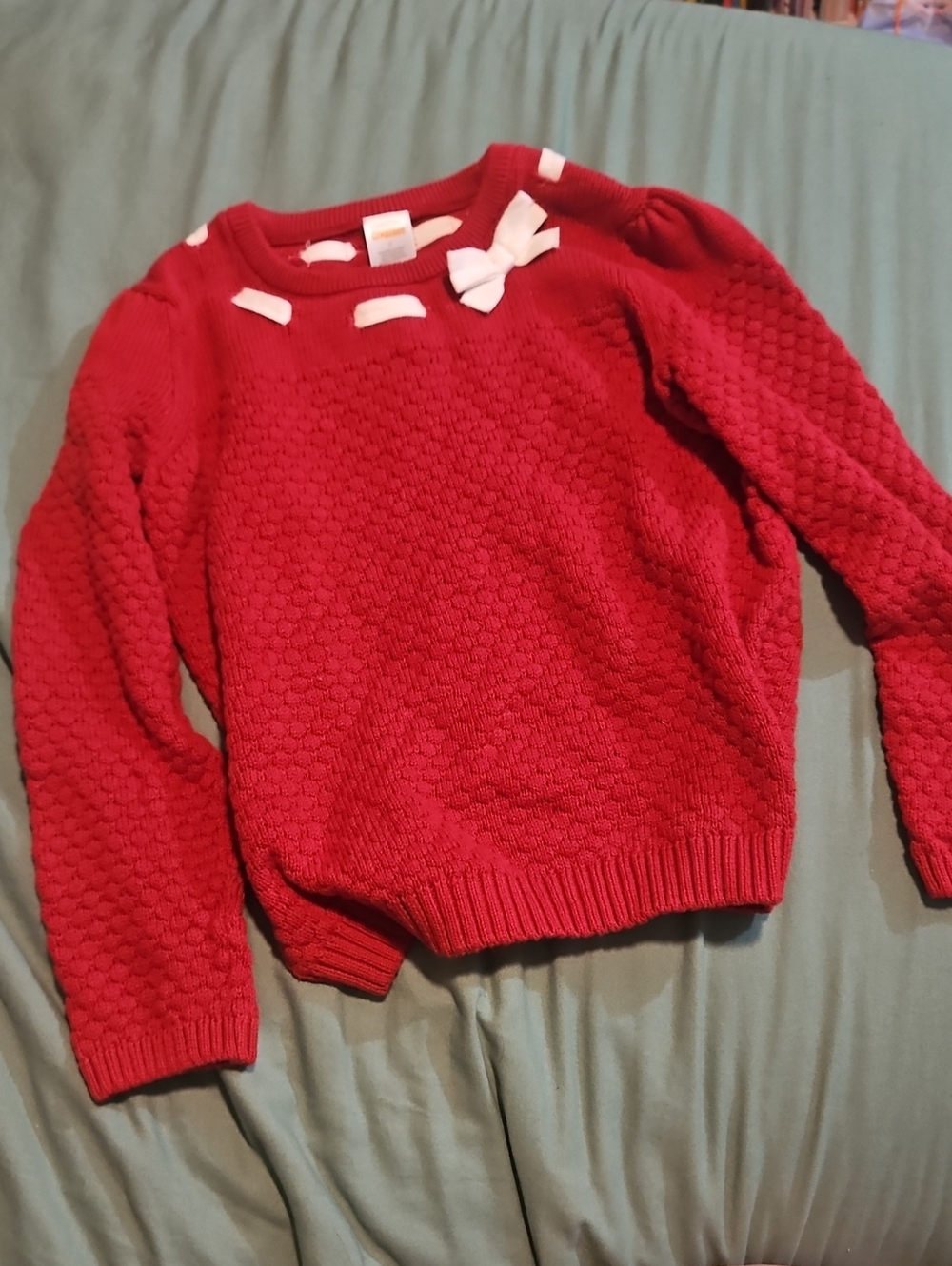 Gymboree Red Textured Crewneck Sweater with White Bow Accents - Size 7